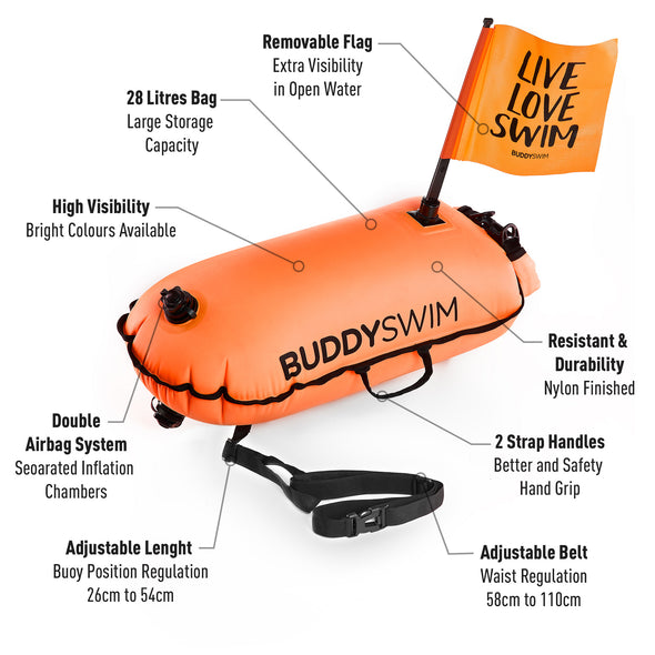 Drybag Swim Buoy with Flag | BuddySwim Open Water Inflatable Buoy with Flag