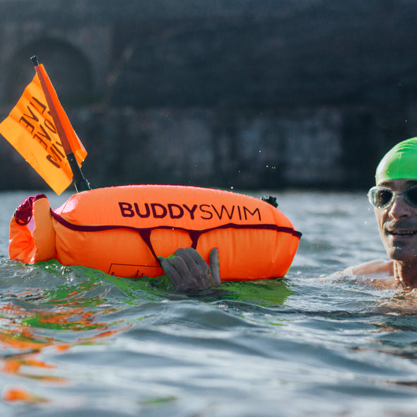 Drybag Swim Buoy with Flag | BuddySwim Open Water Inflatable Buoy with Flag