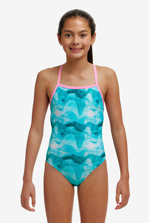 Teal Wave | Girls Strapped In One Piece