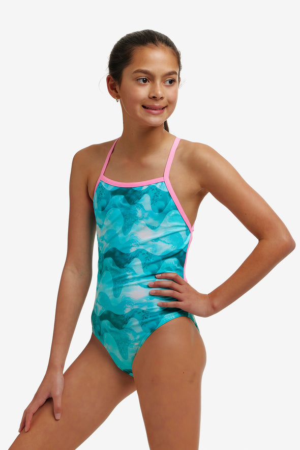 Teal Wave | Girls Strapped In One Piece