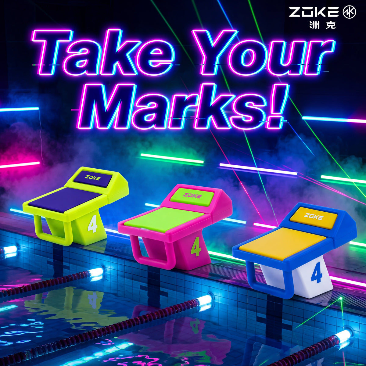 Colorful pool lane dividers with 'Take Your Marks!' text and ZOKE branding on a pool background.
