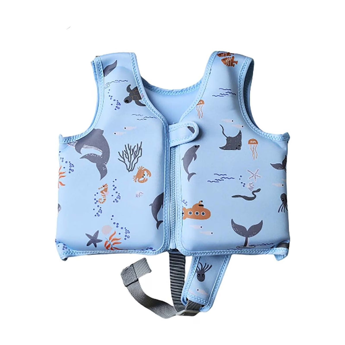 Children's swim vest with ocean-themed design on a white background