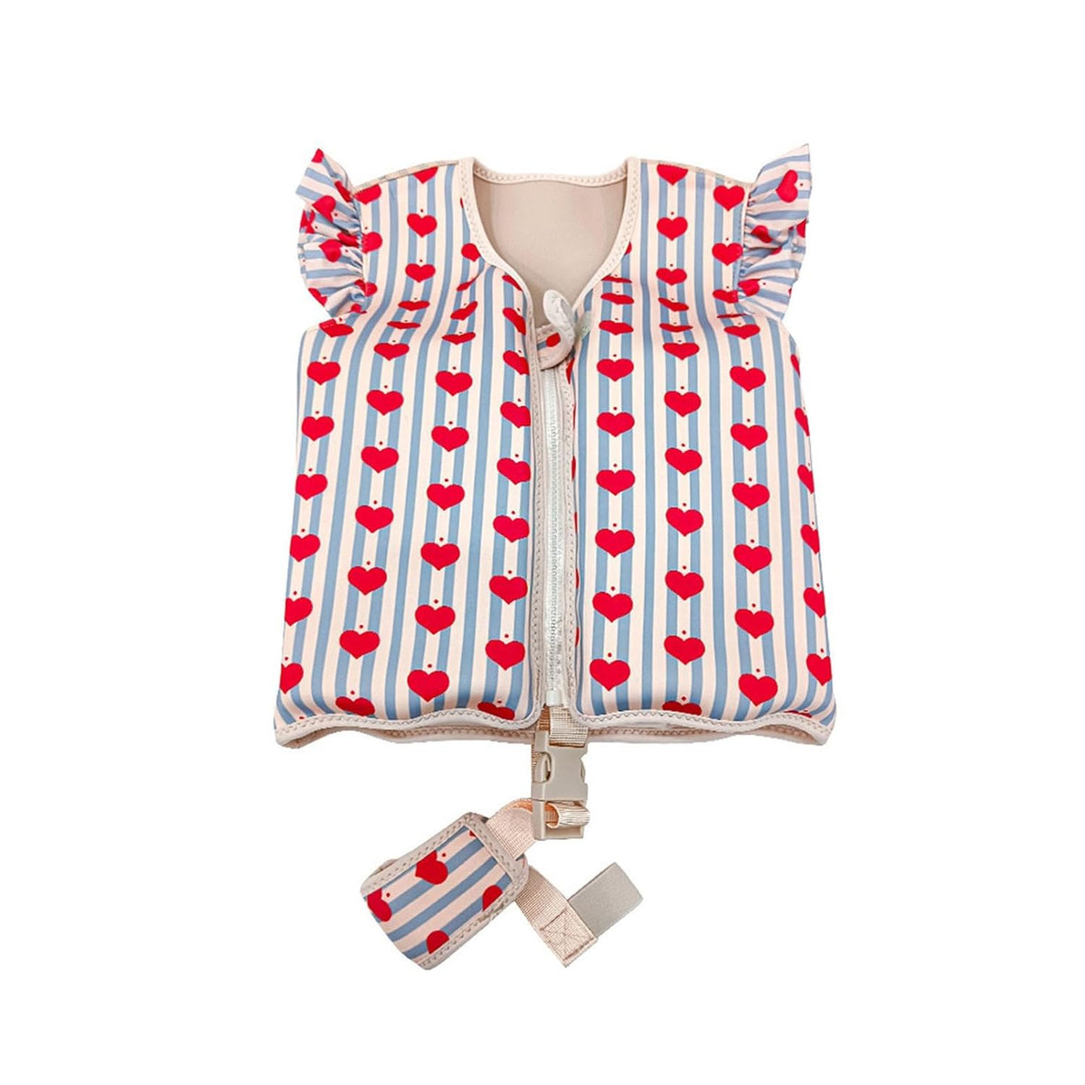 Baby life jacket with heart and stripe pattern on a white background