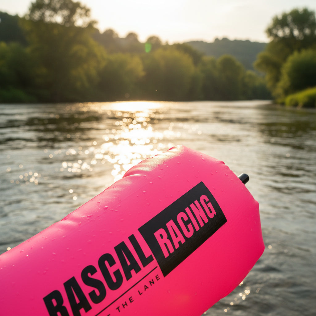 Pink Swim Safety Buoys against the river backdrop
