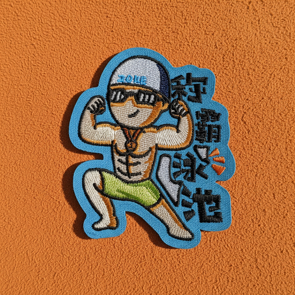 Embroidered patch with cartoon character and text on a white background