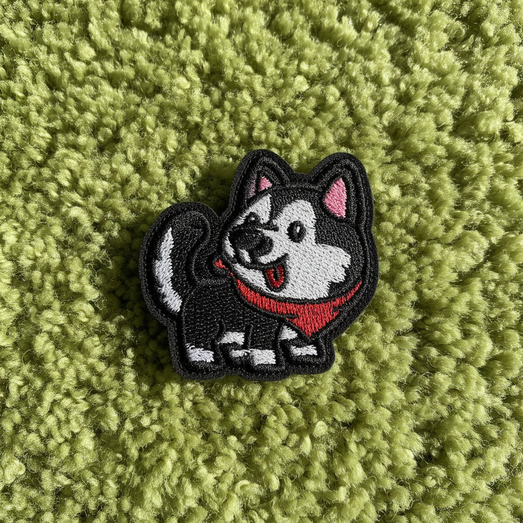 Embroidered patch of a husky dog wearing a red scarf on a gradient background
