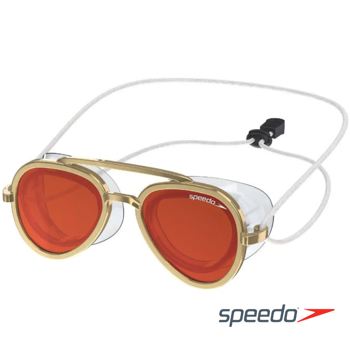 Sunglasses with gold frame and red lenses on a white background, featuring Speedo logo.