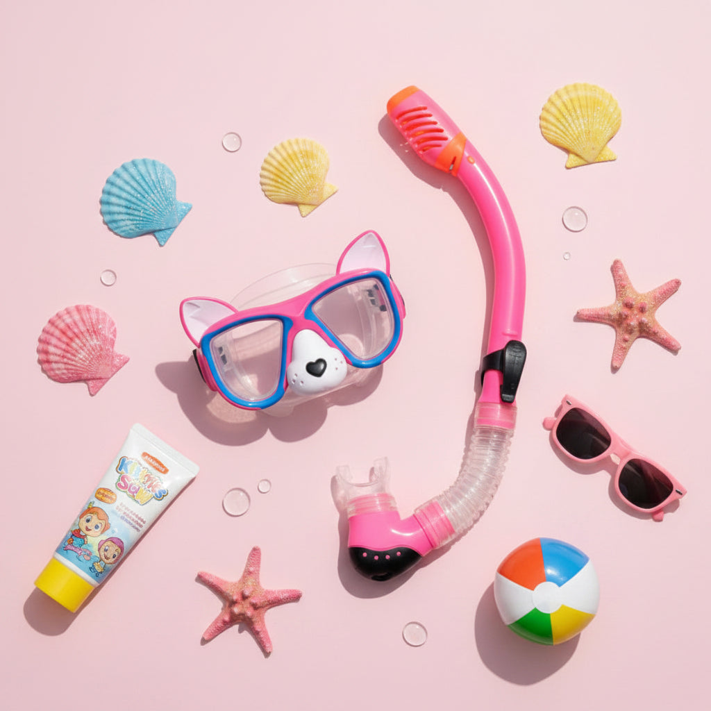 A kids' snorkelling mask set with a pink puppy design and a pink snorkel with a dry-top splash guard.